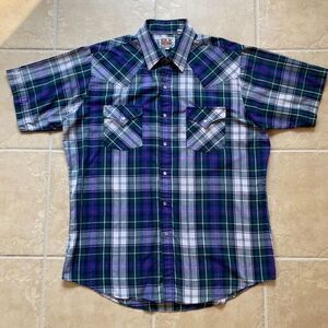 Vintage Ely Cattlemen Blue Plaid Pearl Snap Western Rodeo Short Sleeve S…